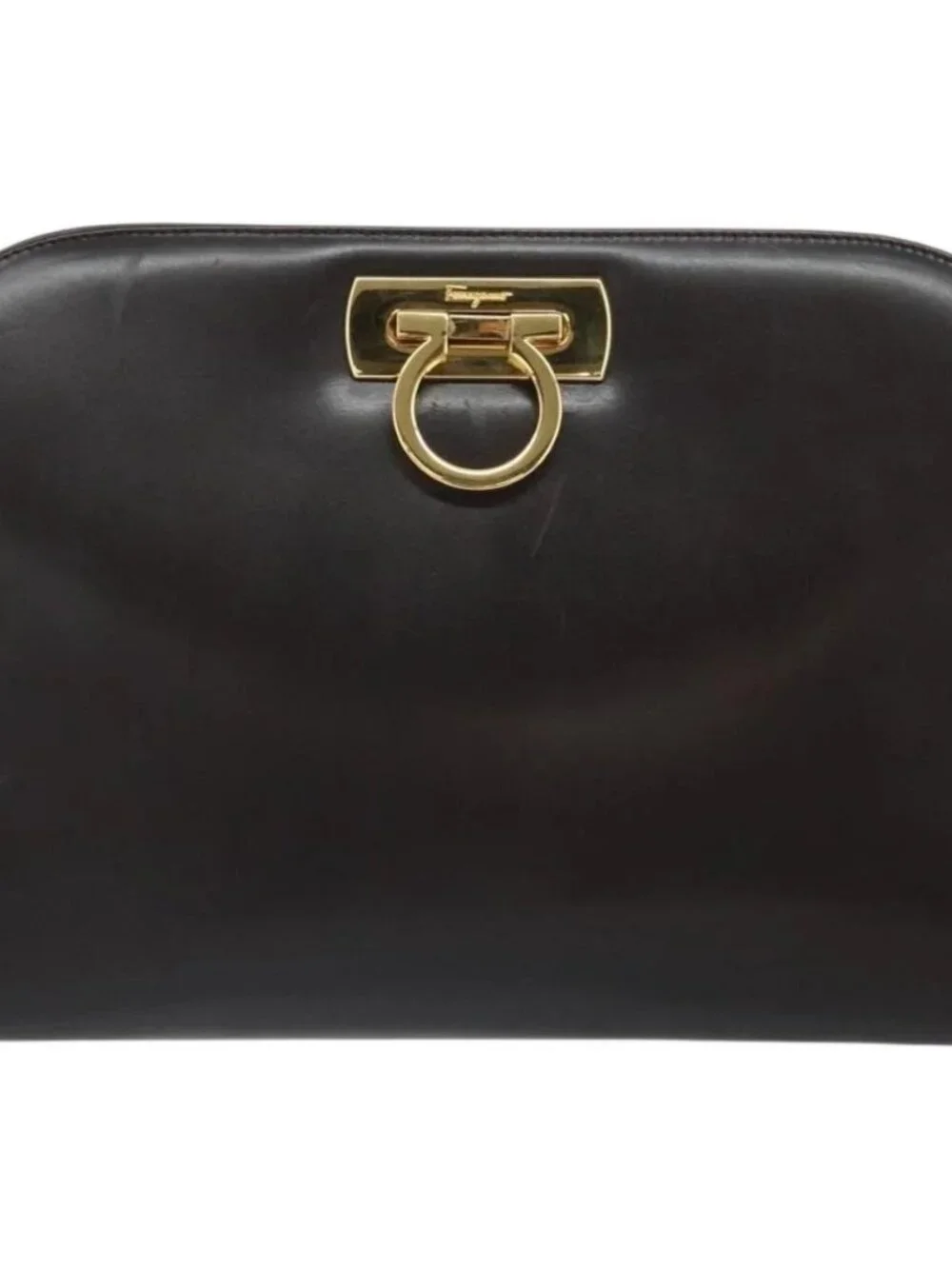 Salvatore Ferragamo Gancini Chain Shoulder Bag Leather Brown Gold Auth 166439